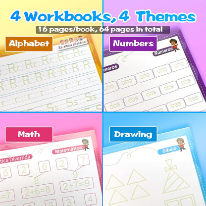 4 Magic Grooved Writing Practice for Kids - English Pre K Tracing Practice Book, Reusable Preschool Handwriting Workbooks Without Tears, 4-Theme Copybooks with Pen Refill for Age 3-10 (English, Small)