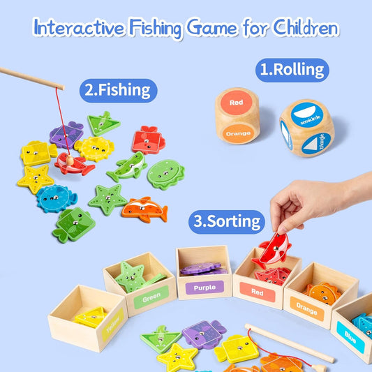 Montessori Fishing Game for Toddler 1-3,Wooden Magnetic Fishing Game,Early Educational-Shape & Color Sorting Toy for Kid 3-5,Preschool Learning Fine Motor Skill,Classroom Matching Activity
