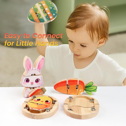 HUZU Animal Snap Wooden Building Blocks – Fun & Educational Puzzle Toy for Kids Aged 3-8, Features Cow, Bear, Lion and Turtle, Matching Game with Interchangeable Animal Faces & Emotions