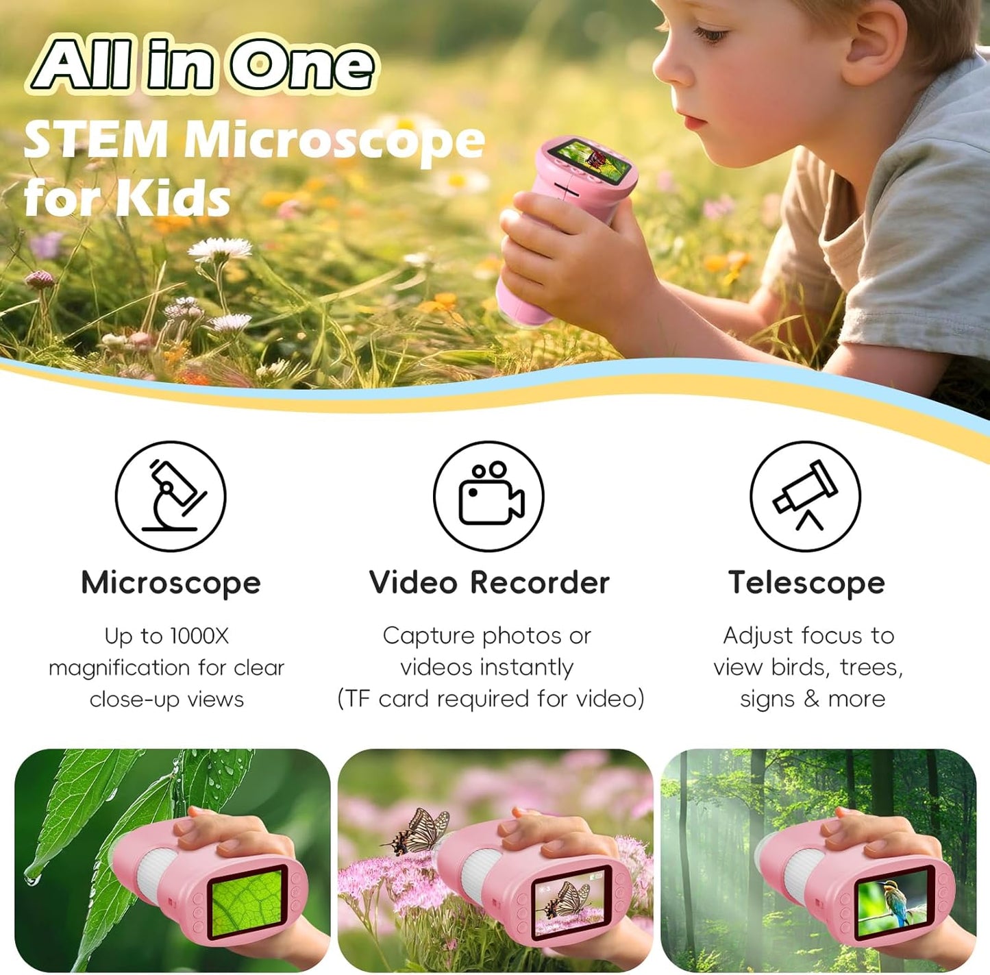 Alotwan Kids Microscope Digital 1000X Zoom, Mini Pocket Handheld Microscope Portable Travel Toys, HD Camera Video Magnifying Glass, Christmas Birthday Gifts for Girls, STEM Toys for Toddlers Age 3-8
