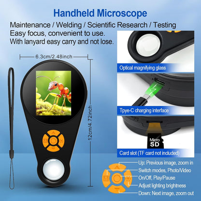 Handheld Digital Microscope for Kids Adults, Portable Microscope with 2.0" HD Screen, Collector Pocket Jewelers Loupe, 500X Coin Microscopes Magnifying Glass, Children Science Educational Fun Gift