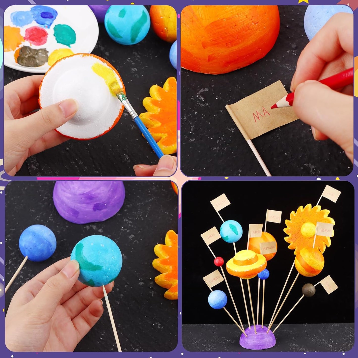 60 PCS Solar System Model Foam Ball Kit Includes 18 Mixed Sized Polystyrene Spheres Balls,18 Pieces Long Bamboo Sticks, 18 pieces Toothpick Flag, and 6 Pcs Painting Brushes for School Science Projects