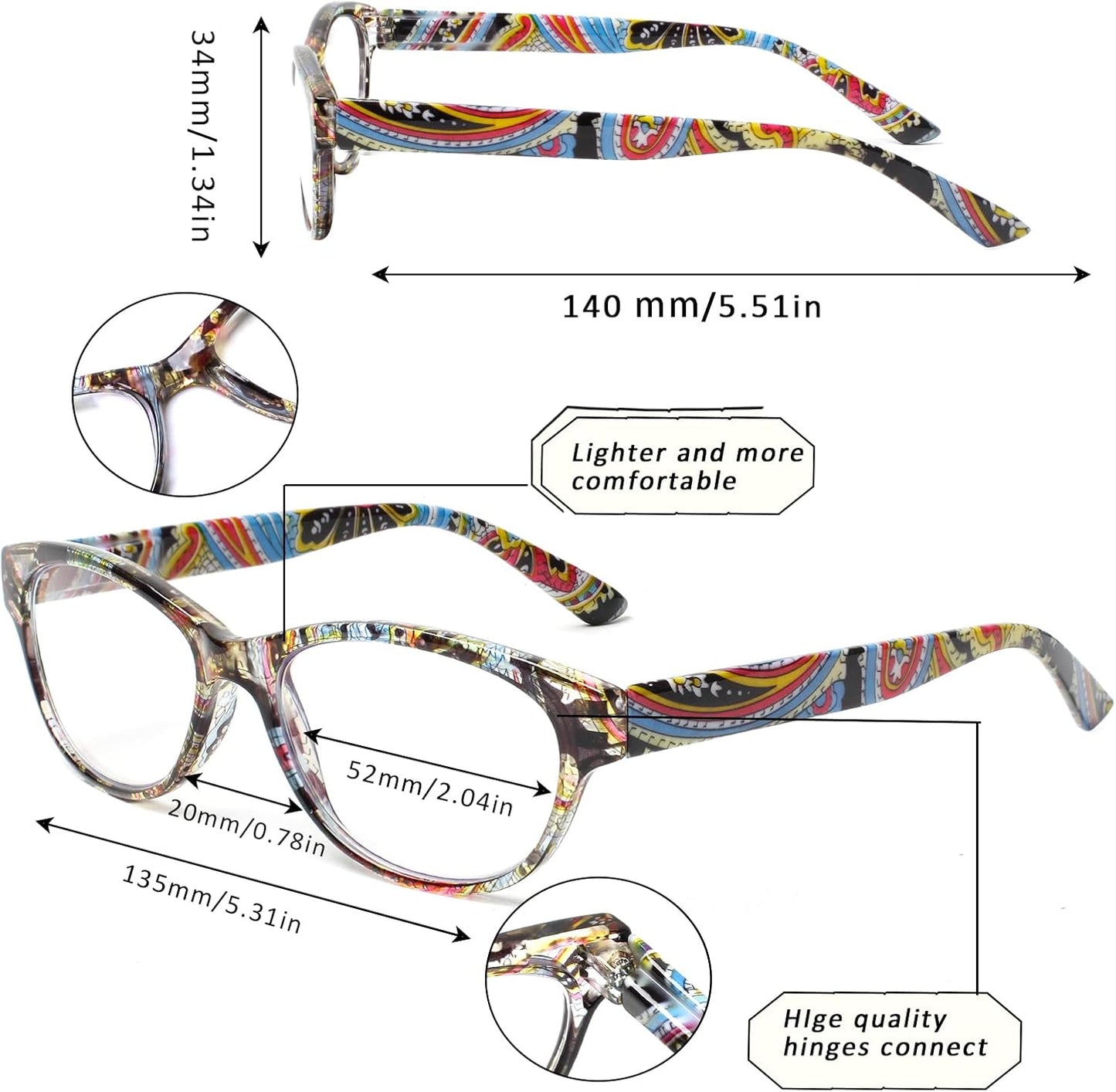 SIGVAN Ladies Cat Eye Reading Glasses 5 Pairs Blue Light Blocking Spring Hinge Fashion Pattern Print Readers for Women