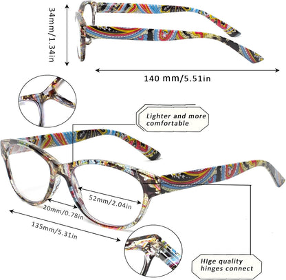 SIGVAN Ladies Cat Eye Reading Glasses 5 Pairs Blue Light Blocking Spring Hinge Fashion Pattern Print Readers for Women