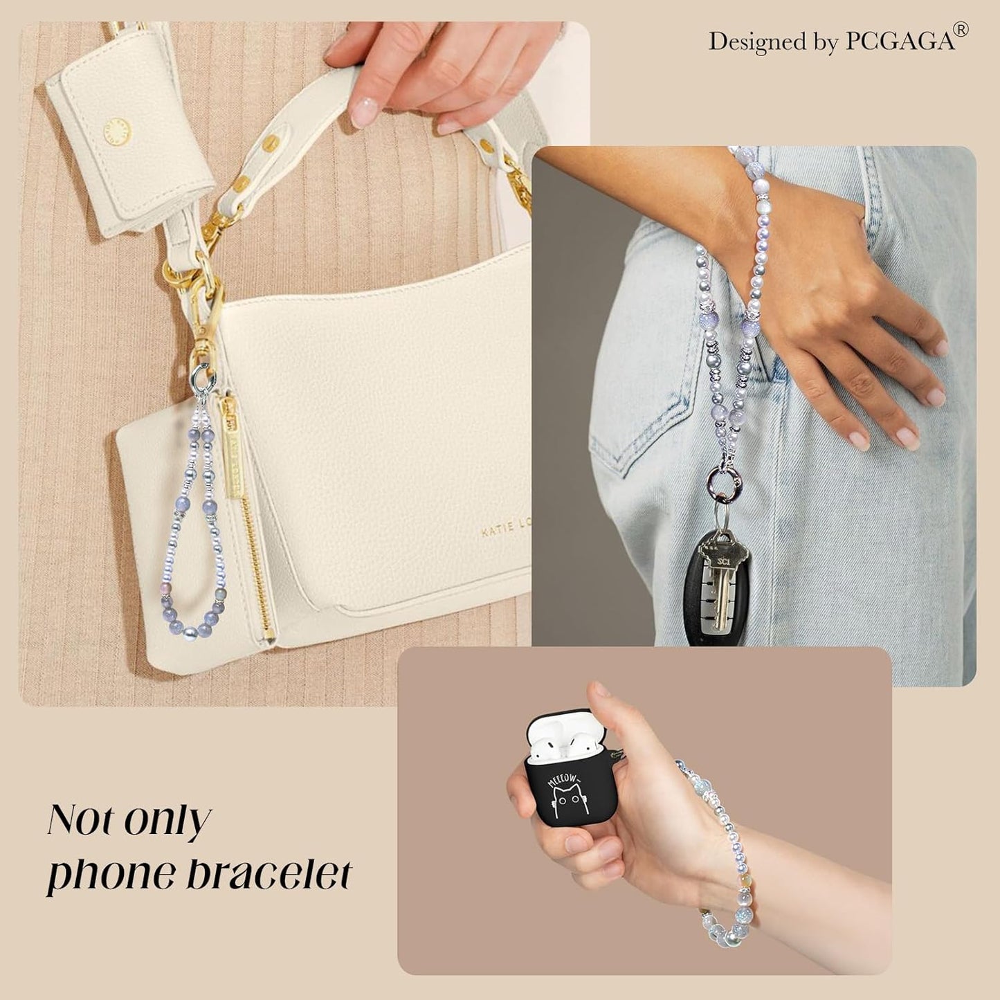 pcgaga Pearl Beaded Phone Charm, Phone Wrist Strap, Handmade Bracelet Straps, Anti-Lost Lanyard Wrist Chain for Airpods Women Girls Gift, Keychain etc (Gray Iceland)