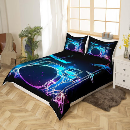 Drum Kit Duvet Cover,Kids Musical Instruments Bedding Set,Rock Music Comforter Cover for Boys Girls Room Decor,Neon Lighting Lightweight Bedspread Cover Twin Size with 1 Pillow Case(No Comforter)