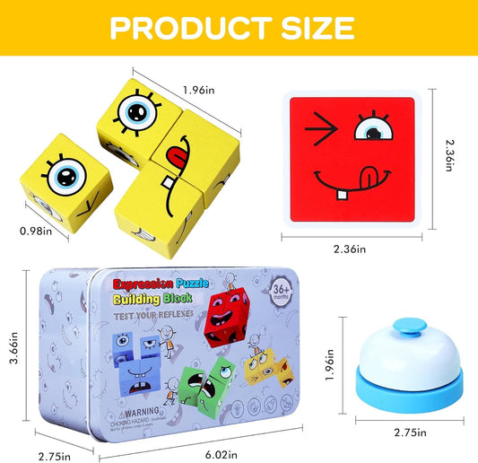 Montessori Puzzle Game for Kids - Wooden Face Changing Magic Cube Game, Educational Face Changing Cubes, 3+ Years (64 Cards, 16 Blocks, 1Bell)