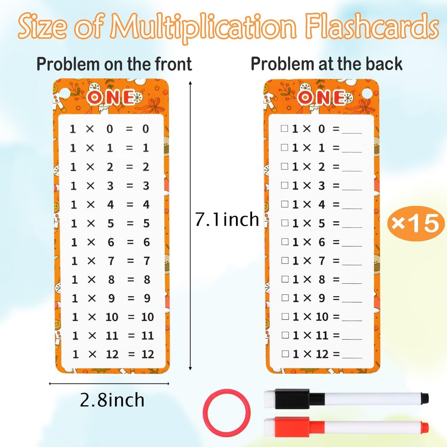 0-12 Multiplication Flash Cards, Large Educational Math, Times Table Flashcards Chart, with 15 Cards, 2 Dry Erase Markers, 1 Rings, Educational Multiplication for Classroom Home