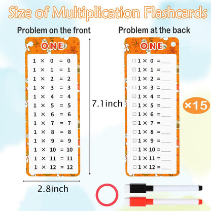 0-12 Multiplication Flash Cards, Large Educational Math, Times Table Flashcards Chart, with 15 Cards, 2 Dry Erase Markers, 1 Rings, Educational Multiplication for Classroom Home