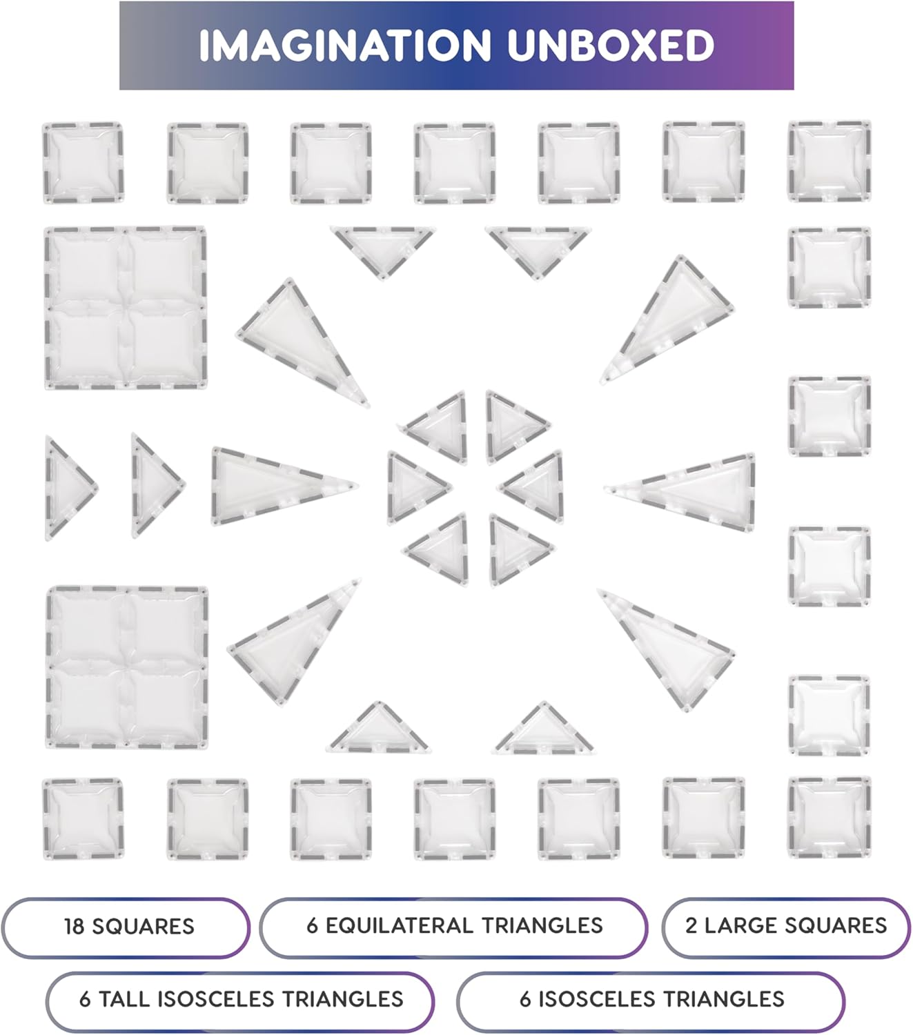 Magnetic Building Tiles, 38 Piece Transparent Clear Crystal Set for Boys Girls Kids, Educational Creative Learning Activity Building Block Toddler Toys, STEM, Children Ages 3 Years +