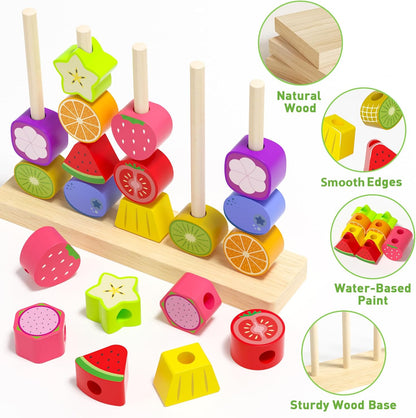 Melofaver Montessori Toys for 3 4 5 Year Old, Wooden Fruit Toddler Stacking Toys, Stacking Blocks & Lacing Beads & Shape Sorter Toy for Toddler, STEM Preschool Learning Toys for Kids Boys Girls