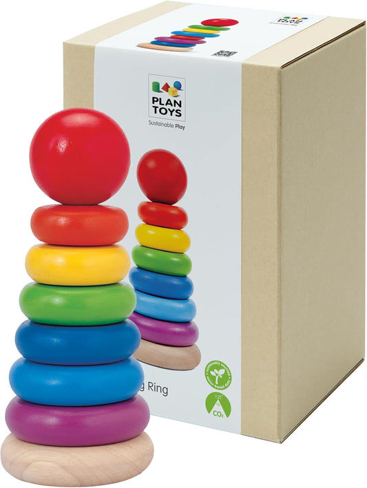 PlanToys® Wooden Stacking Ring for Montessori Inspired Fine Motor and Early Learning | Color Recognition, Problem Solving and Size Ordering Activity | Eco Friendly Wooden Stack Toy for Creative Play