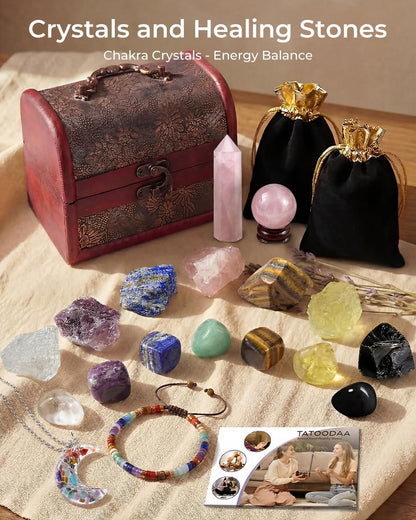 Crystals and Healing Stones, 9 Pcs Healing Crystals Set, 7 Chakra Crystal Stones Set Real Natural Selenite Pyramid Reiki Raw Rock Energy Protection Meditation with Wooden Box, Crystal Gifts for Women
