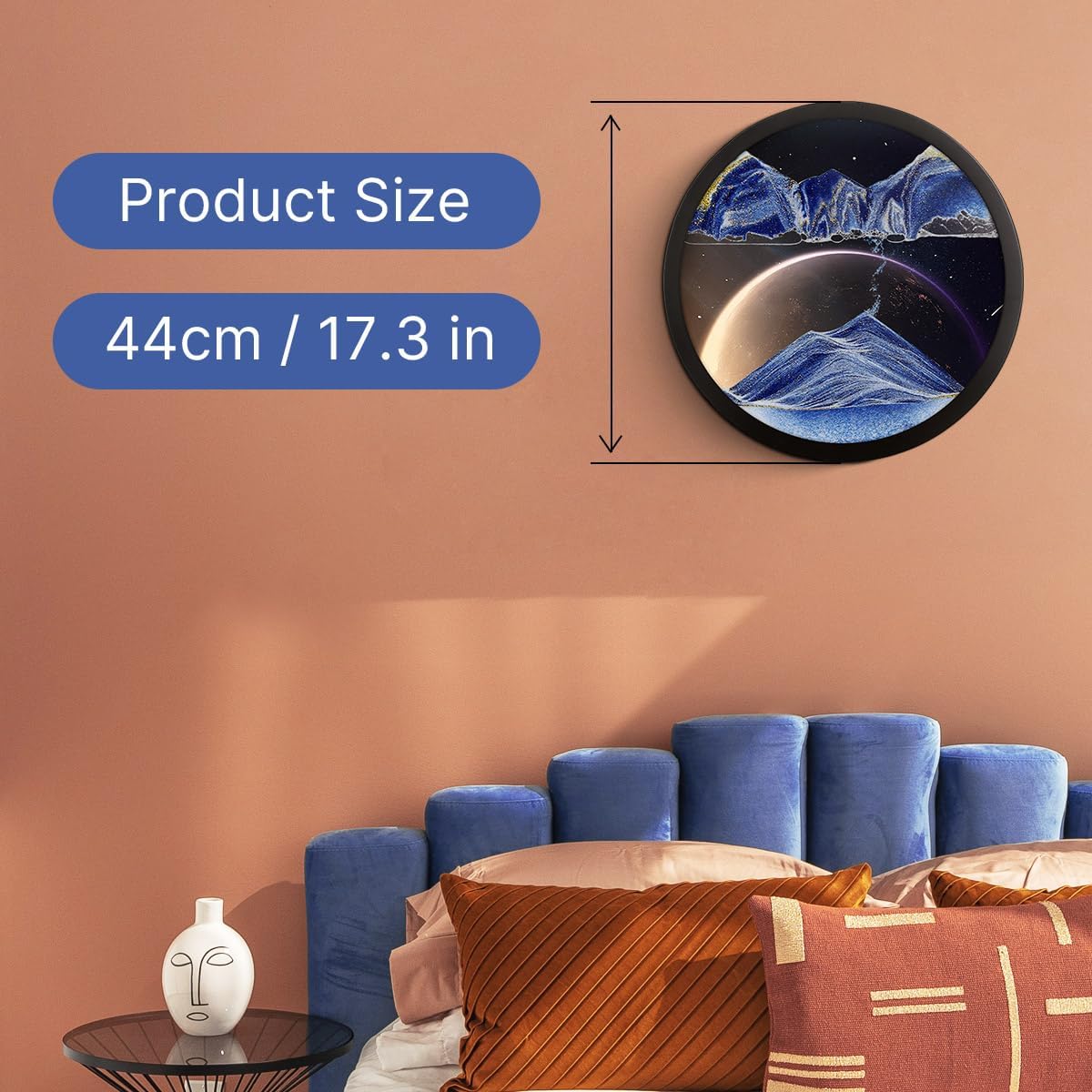 17.3" Moving Sand Art, 3D Sand Art Pictures Deep Sea Sandscape Living Room Decoration, 360° Rotate, Glass Crafts Solid Wood Frame, Relaxing Mood Home Office Work Wall Art Decor