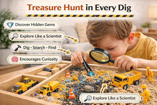 Construction Sensory Bin for Kids - DIY Jr Putty Explorers Wooden Sensory Play Kit with Play Sand, Trucks, Tools & Gems - Montessori STEM Fine Motor Toy for Toddlers & Preschool Boys 3+