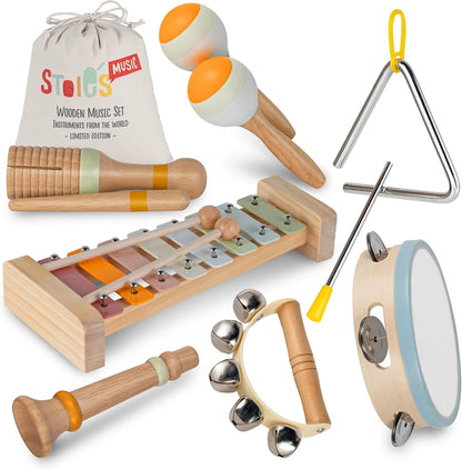 Stoie's Wooden Toddler Musical Instruments with Drum, Hand Bells, Flute, Maracas, Castanet, Tamburine, for Babies and Kids, Eco Friendly Montessori Educational Toy