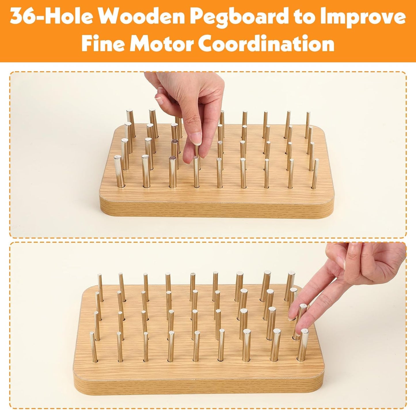 36-Hole Wooden Pegboard for Occupational Therapy, Hand Therapy Peg Board with 3 Sizes of Round Iron Pegs to Improve Finger Dexterity, Fine Motor Coordination & Sensory Rehabilitation