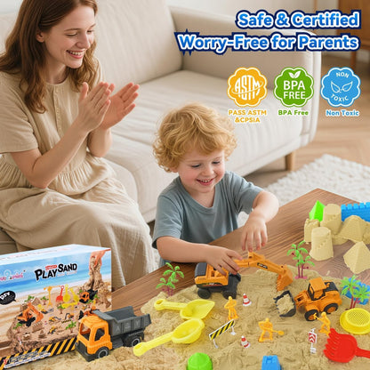 Sensory Beach Toys for Toddlers - 44PCS Sand Construction Kit with 8 Trucks, Foldable Sandbox, 2.7lbs Magic Sand, Crane, Signs, Molds, Shovel – Outoor Toys for Boys & Girls Ages 3+