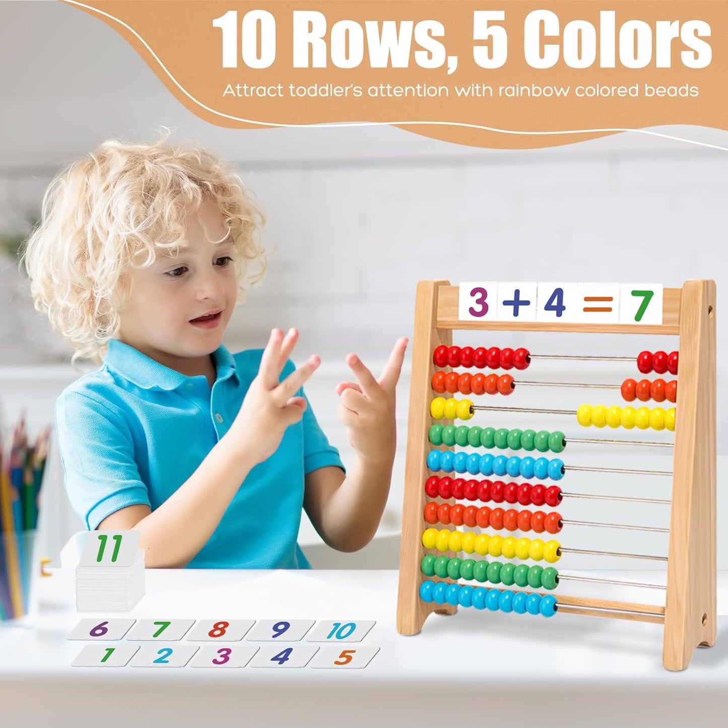 Wooden Abacus for Kids Math - 10-Row Counting Toy with 100 Beads, Number Cards & Counting Sticks, Educational Counters for Kids Math Gift for Age 3 4 5 6 7 Year Old Boy Girl