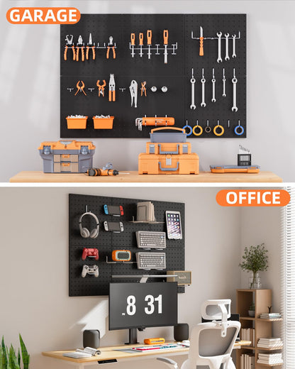 INCLY 70PCS Pegboard Wall Organizer, 4PCS Metal Peg Board Panels with 66PCS 1/4" Pegboard Hooks Accessories Kit, Black Peg Board for Walls Home, Garage Tool Storage, Workbench Organization
