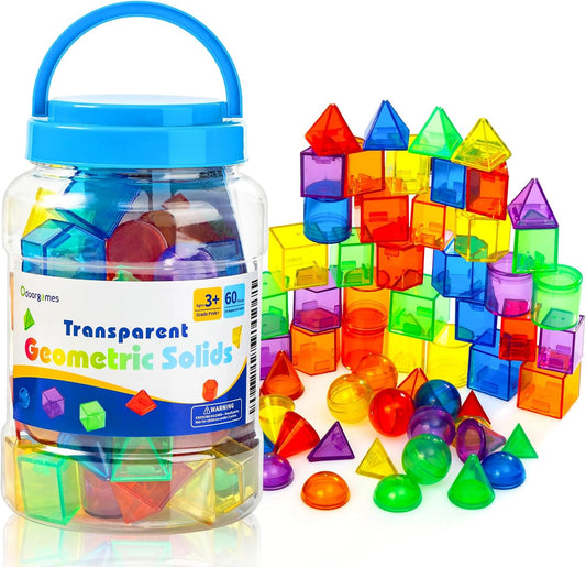 60 Pieces 3D Shapes for Teaching - Geometric Solids for Kids, Light Table Manipulatives, Translucent Toys