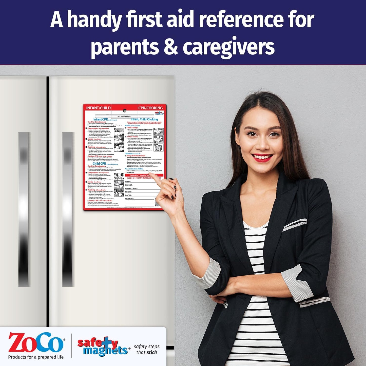 Safety Magnets by ZOCO – Infant and Child CPR & Choking Magnet – Laminated 8.5"x11" Emergency Numbers Fridge Card – First Aid Heimlich Maneuver for Parents, Caregivers, Daycare, Babysitters