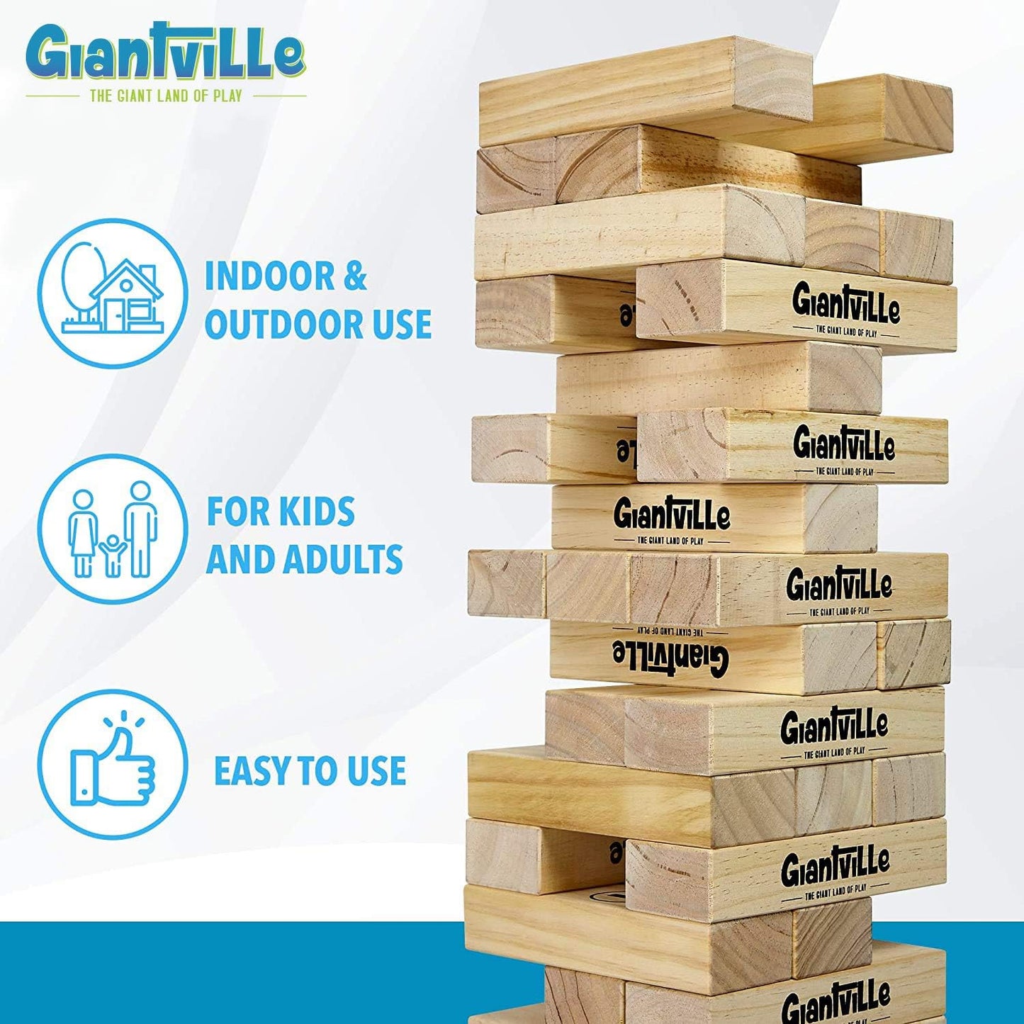 Giantville Giant Tumbling Timber Toy - STEAM-Credited Premium Pine Wood Blocks Tower - Indoor/Outdoor Yard Game for Kids & Adults - 56 Pieces + Carry Bag - Grows to Over 4 Feet