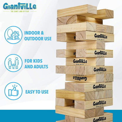 Giantville Giant Tumbling Timber Toy - STEAM-Credited Premium Pine Wood Blocks Tower - Indoor/Outdoor Yard Game for Kids & Adults - 56 Pieces + Carry Bag - Grows to Over 4 Feet