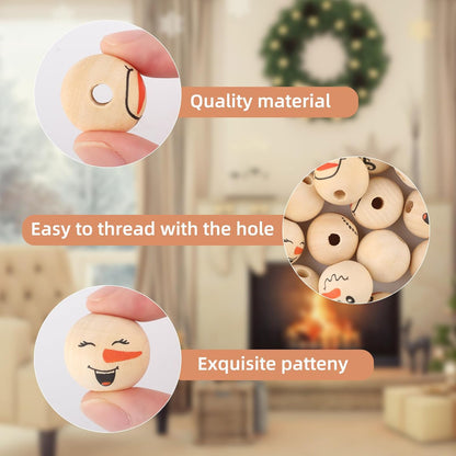50PCS Christmas Snowman Wooden Bead, 20mm Winter Craft Wood Round Beads Natural Wood Beads for Xmas Tree Hanging Decoration Winter Holiday Garland Making DIY Craft Supplies