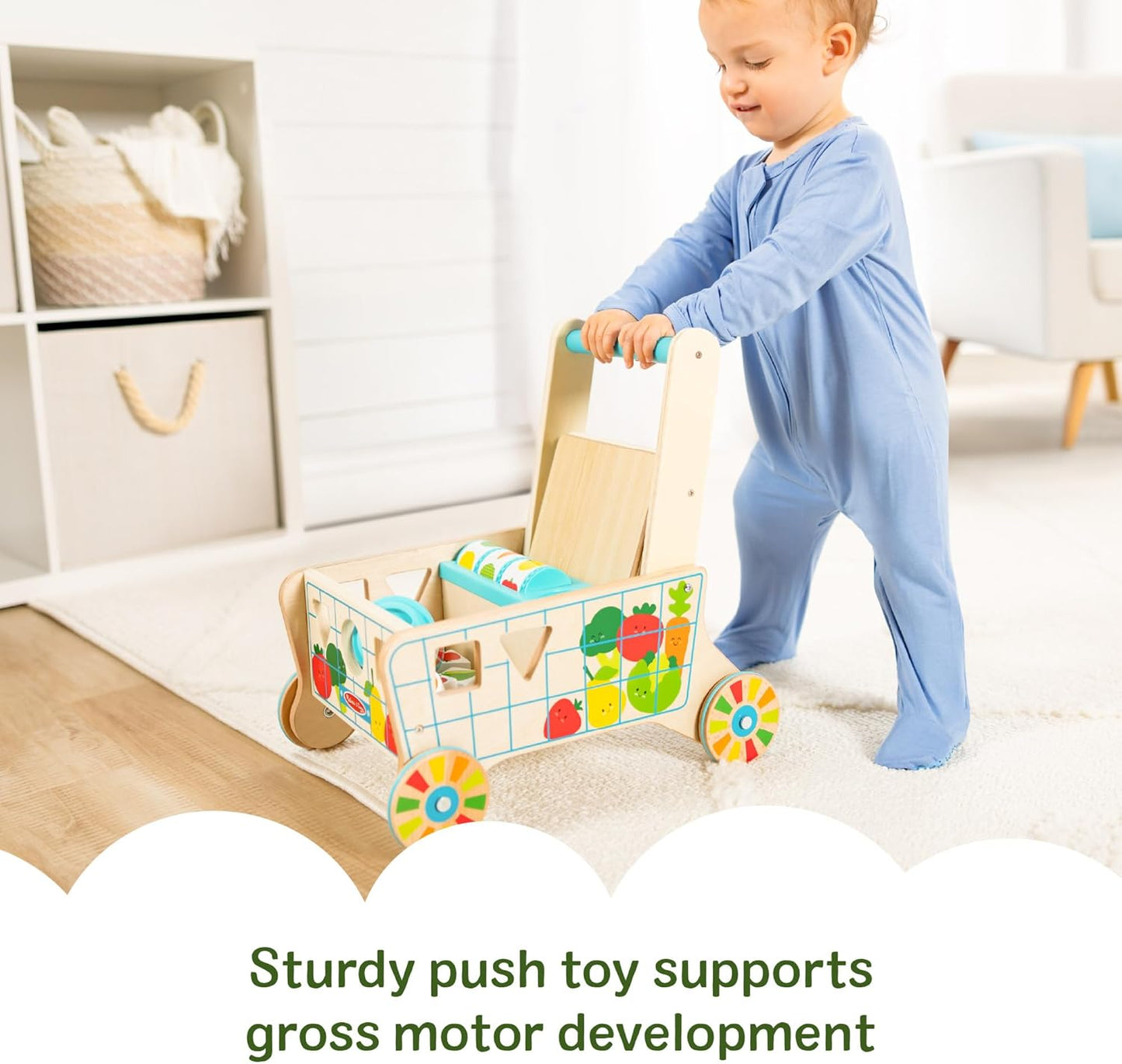Melissa & Doug Wooden Shape Sorting Grocery Cart - Toddler Toys with 12 Blocks, Puzzle Board and Coffee Cup for Pretend Play and Montessori Toys - FSC Certified