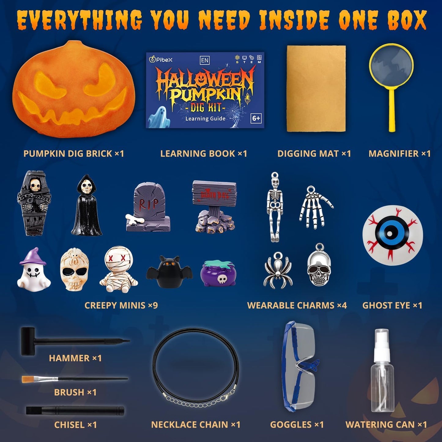 PIBEX Spooky Pumpkin Dig Kit – Excavation Science Kit with 14 Hidden Treasures (4 Metal Charms + 10 Creepy Minis) DIY Necklace Craft & Archaeology Adventure Toy for Kids Ages 6+