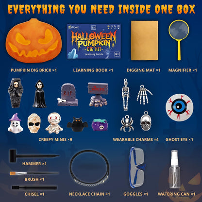 PIBEX Spooky Pumpkin Dig Kit – Excavation Science Kit with 14 Hidden Treasures (4 Metal Charms + 10 Creepy Minis) DIY Necklace Craft & Archaeology Adventure Toy for Kids Ages 6+
