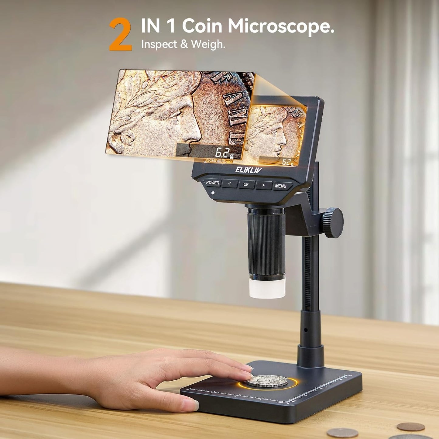Elikliv Microscope, LCD Digital Coin Microscope 1000x, Coin Magnifier with 8 Adjustable LED Lights, PC View Compatible with Windows/MacBook, EDM4, 4.3-Inch