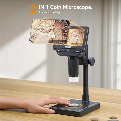 Elikliv Microscope, LCD Digital Coin Microscope 1000x, Coin Magnifier with 8 Adjustable LED Lights, PC View Compatible with Windows/MacBook, EDM4, 4.3-Inch