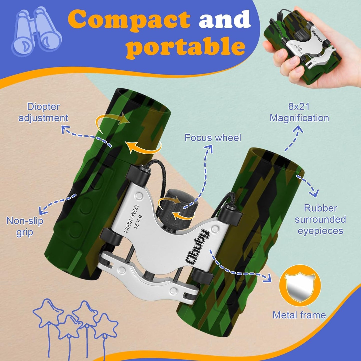 Real Binoculars for Kids Gifts for 3-12 Years Boys Girls 8x21 High-Resolution Optics Compact Toy Binocular for Bird Watching,Travel, Camping