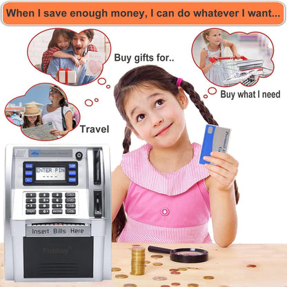Fishboy Talking Pink ATM Piggy Bank for Kids with Dual Debit Cards, Power-Off Memory, Auto-Opening Drawer for Real Money for Girls, Onekey Shutdown, Bill Feeder, Coin Recognition, Balance Calculator