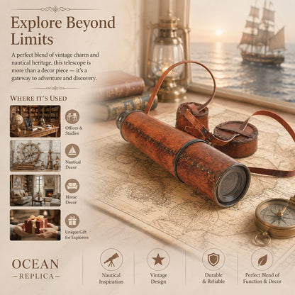 32-Inch Ship Captain Brass Telescope – Handmade Vintage Spyglass with Leather Case – Nautical Maritime Scope for Adults & Kids, Pirate Spy Glass Gift