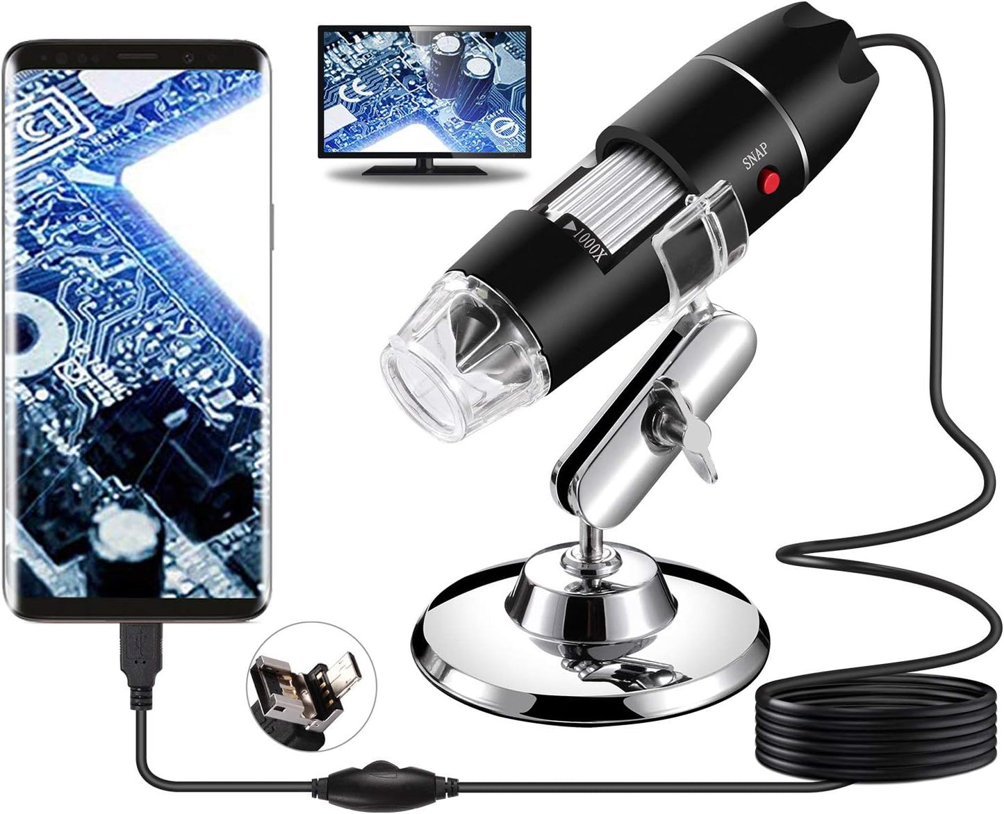USB Microscope for Android/PC, 40-1000X Magnification Digital Microscope Camera Endoscope with 8 Adjustable LED Lights (Not Compatible with iPhone/iPad)