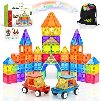 Magnetic Tiles 100 pcs with 2 Cars, STEM Building Blocks for Kids, Educational Gift, Magnet Construction Toys for Toddlers, School Teacher Supplies, Classroom Must-Haves