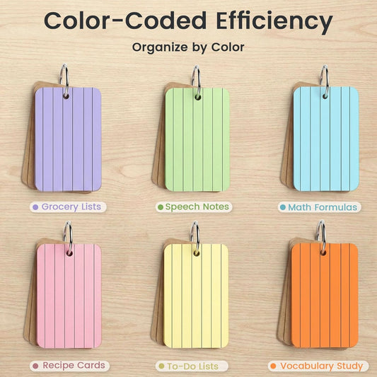 Koogel Index Cards 3x5 Inch with Ring, 300 Count, Colored Ruled Flash Cards for Studying, Heavyweight Lined Notecard for School Office Home Learning Memory Note Taking To Do List Supplies, 6 Colors