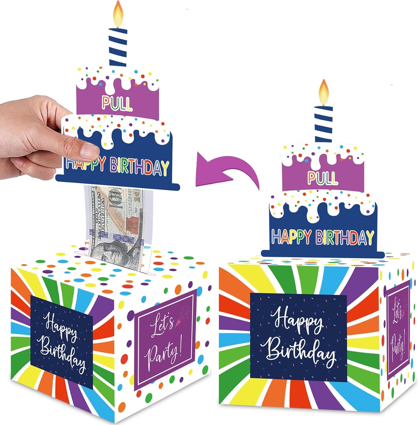 Birthday Money Box for Cash Gift Pull, Surprise Gift Boxes for Money, Money Holder Box with Pull Out Happy Birthday Card and 50Pcs Transparent Bags, Money Gift Ideas for Kids and Adults