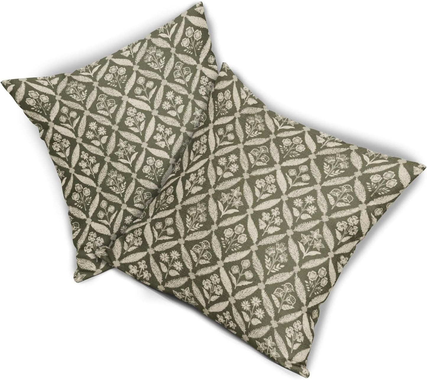 Blue Green Floral Block Print Pillow Covers 12X20 Set of 2, Flower Pattern Spring Summer Print Decorative Throw Pillow Covers Outdoor Farmhouse Seasonal Cushion Case Couch Sofa Bed Decor