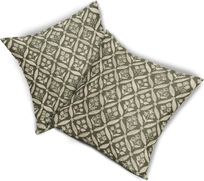 Blue Green Floral Block Print Pillow Covers 12X20 Set of 2, Flower Pattern Spring Summer Print Decorative Throw Pillow Covers Outdoor Farmhouse Seasonal Cushion Case Couch Sofa Bed Decor