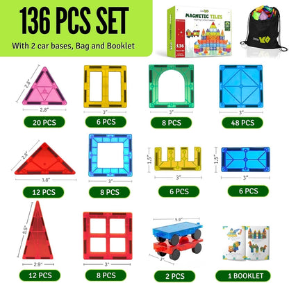 Magnetic Tiles 100 pcs with 2 Cars, STEM Building Blocks for Kids, Educational Gift, Magnet Construction Toys for Toddlers, School Teacher Supplies, Classroom Must-Haves