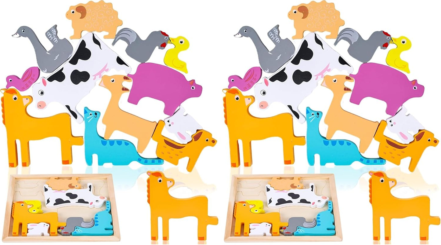 LovesTown Wooden Stacking Puzzles for Kids, Farm Animal Chunky Jigsaw, Educational Learning Toy, 12 PCS