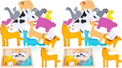 LovesTown Wooden Stacking Puzzles for Kids, Farm Animal Chunky Jigsaw, Educational Learning Toy, 12 PCS