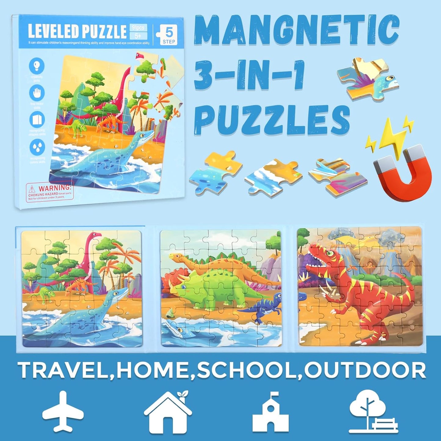 Magnetic Puzzles for Toddlers 1-3, Cartoon Mermaid Magnet 3 in 1 Jigsaw Puzzle, Kids Travel Puzzles Toys, Preschool Learning Toy for Kids 1-8 Year (Mermaid)