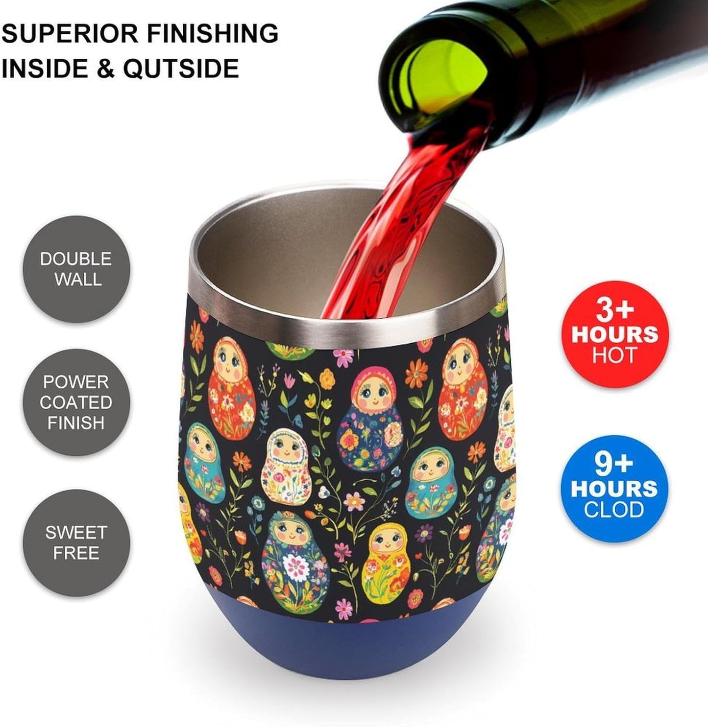 Russian Nesting Dolls Flowers Insulated Cups & Mugs 12 Oz Double-Wall Coffee Cup with Lids Drinks Tumbler for Women Men