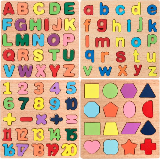 4-in-1 Wooden Alphabet Puzzle for Kids Ages 3+ – Upper & Lowercase Letters, Numbers & Shapes – Montessori Educational Learning Toy for Toddlers & Preschool – Fine Motor & Early STEM Skills