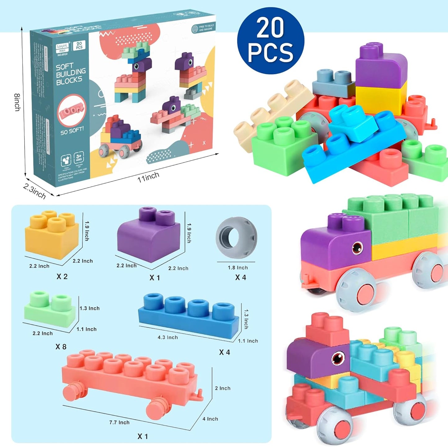 Soft Building Blocks for Toddlers, Large Building Blocks Stacking Blocks for Babies 6 Months and Up Stem Toddler Gifts, Teething Toys, 40 PCS
